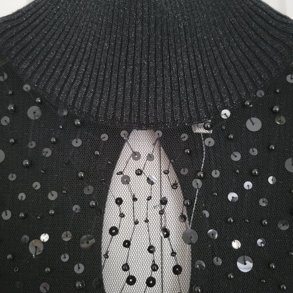 CACHE  Black Sleeveless, Mock Turtleneck, Sheer Yoke, Shimmer Sweater, NWT, Sz 6 - Picture 4 of 7